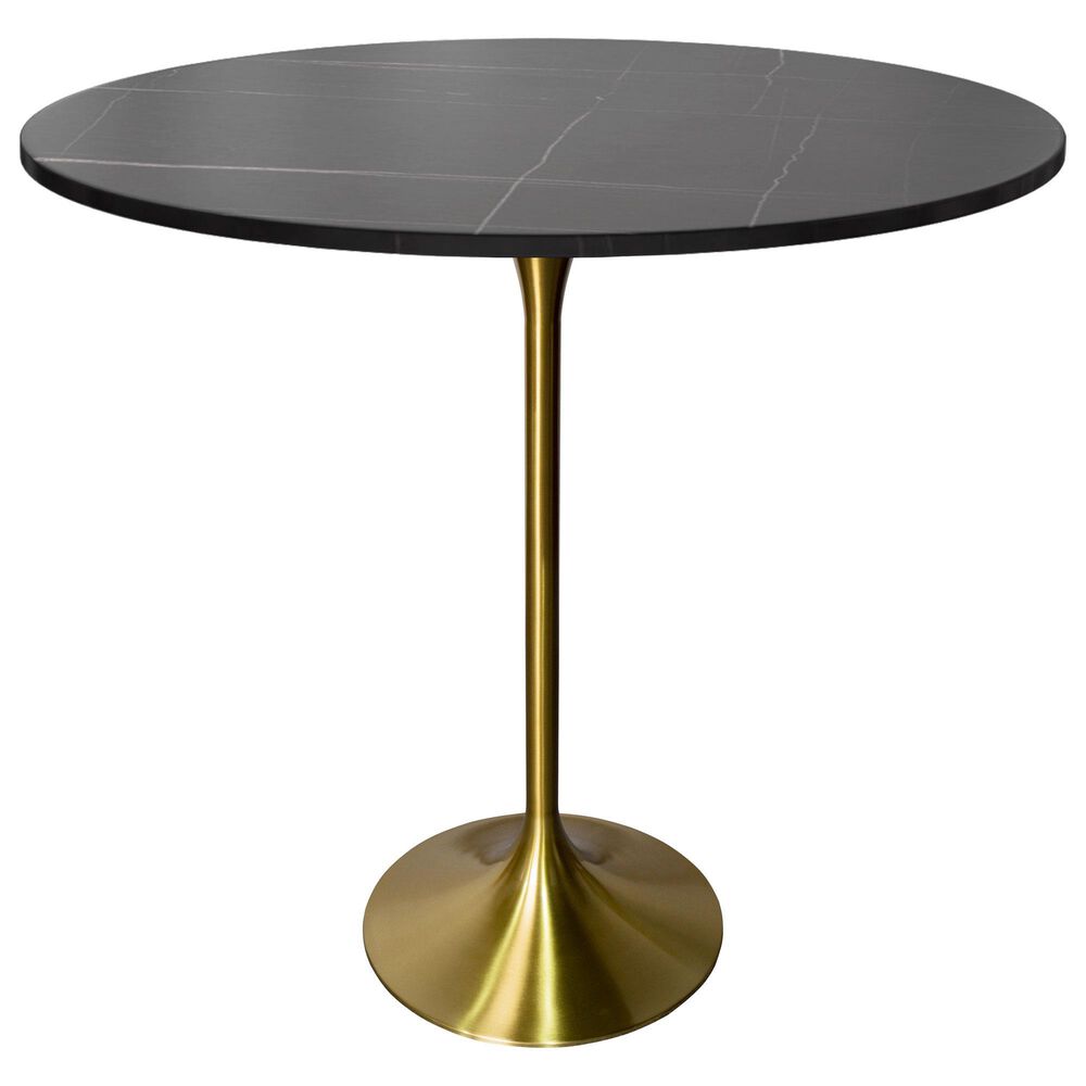 Leisuremod LeisureMod Verve Collection Modern Bar Height Table Brushed Gold Base with 48 Round Black Marbelized Sintered Stone Top, , large