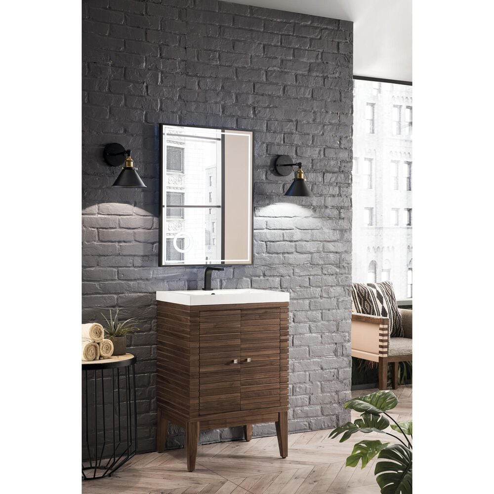 James Martin Vanities Linden 24&quot; Single Bathroom Vanity in Mid Century Walnut with 5 cm White Glossy Resin Top and Rectangular Sink, , large