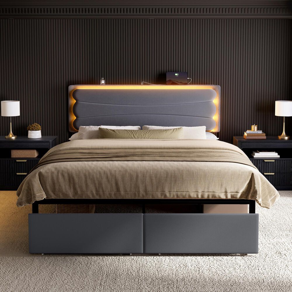 HOMLUX Queen Upholstered Platform Storage Bed Frame in Gray, , large