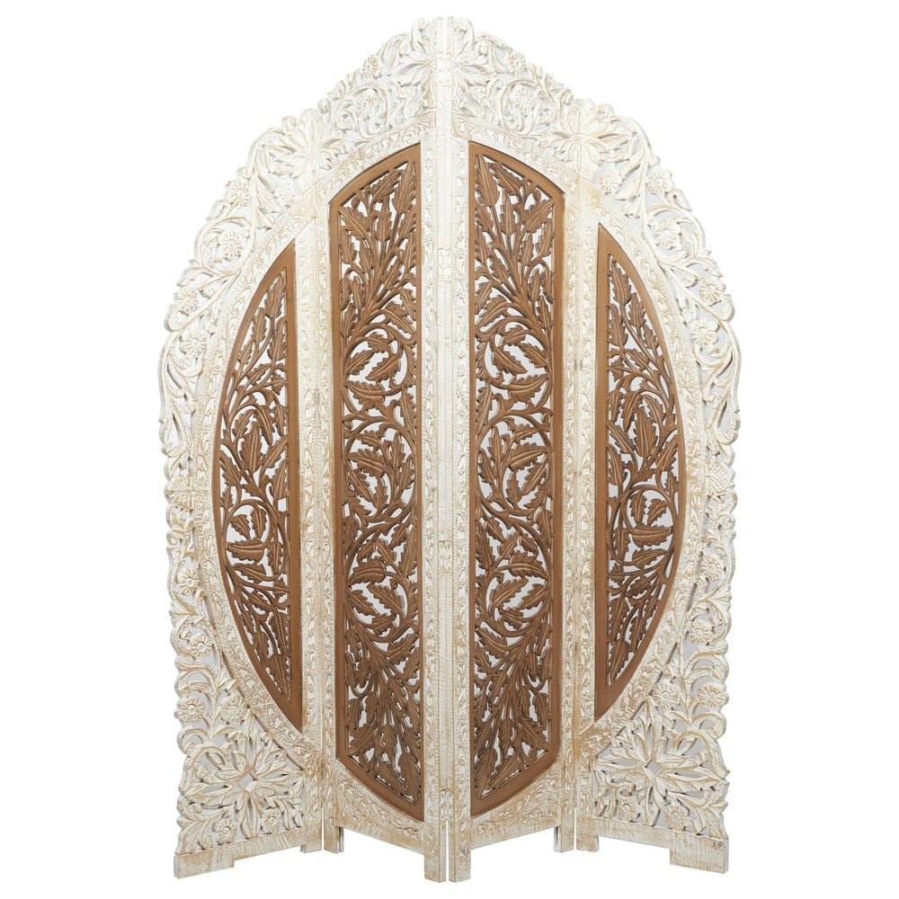 Maple and Jade 4-Panel Partition Room Divider Screen with Carved Designs in Brown and White, , large