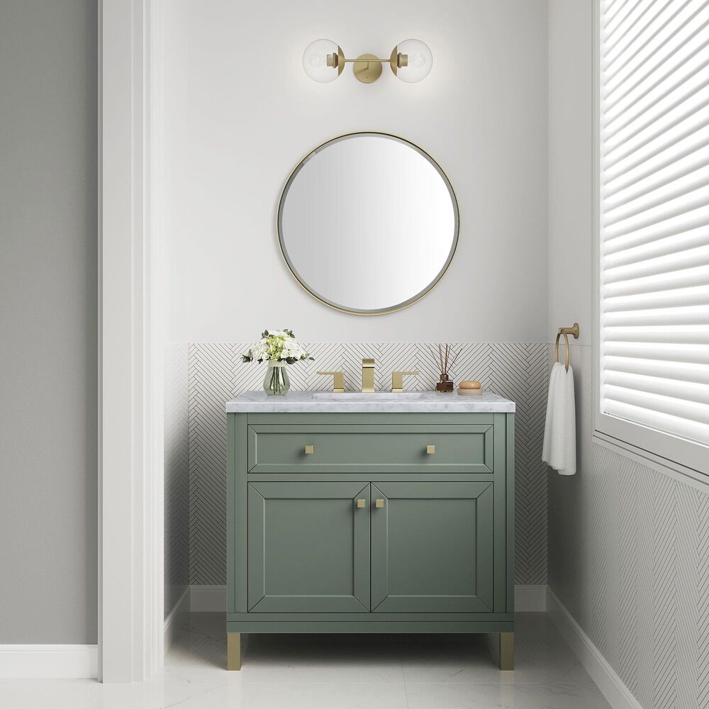 James Martin Vanities Chicago 36&quot; Single Bathroom Vanity in Smokey Celadon with 3 cm Carrara White Marble Top and Rectangular Sink, , large