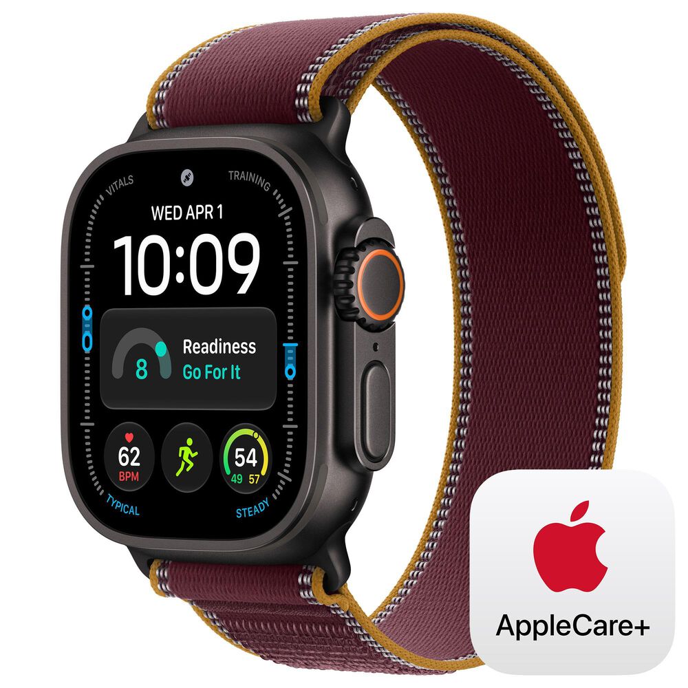 Apple Watch Ultra 4 (GPS + Cellular) 49mm Black Titanium Case with Burgundy Trail Loop - S/M and 2-Year AppleCare+, , large