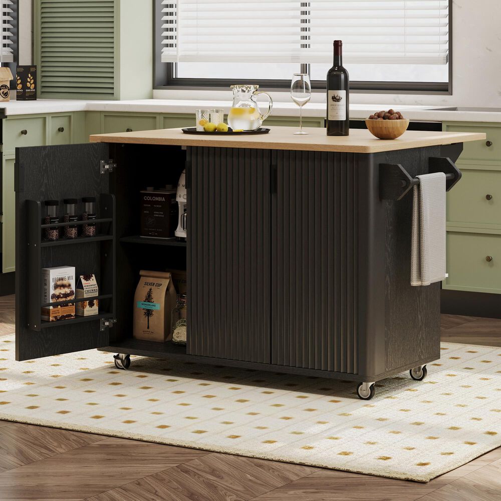 HOMLUX 51" Fluted Kitchen Island with Drop Leaf in Black Ash, , large