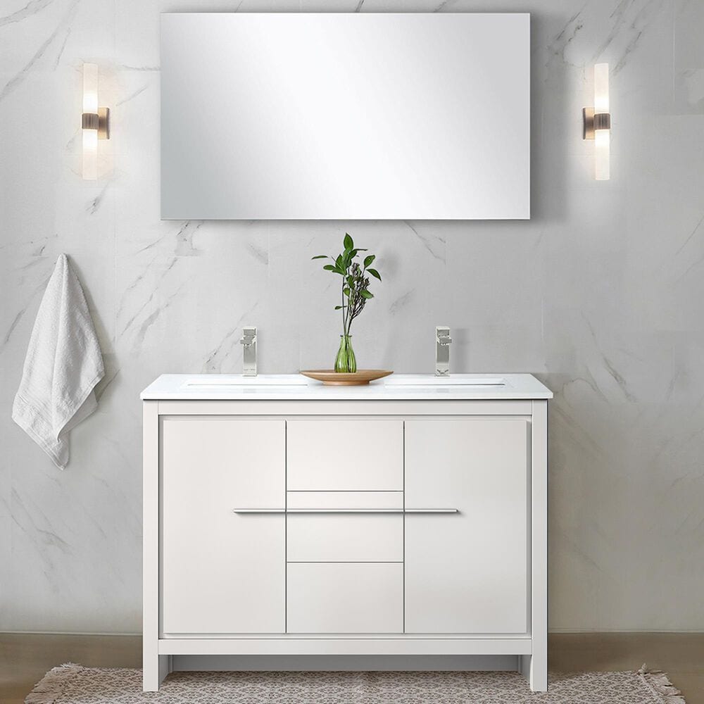 Lexora Home Lafarre 48&quot; Double Bathroom Vanity in Navy Blue with 2 cm White Cultured Marble Top, Rectangular Sinks and 43&quot; Mirror, , large