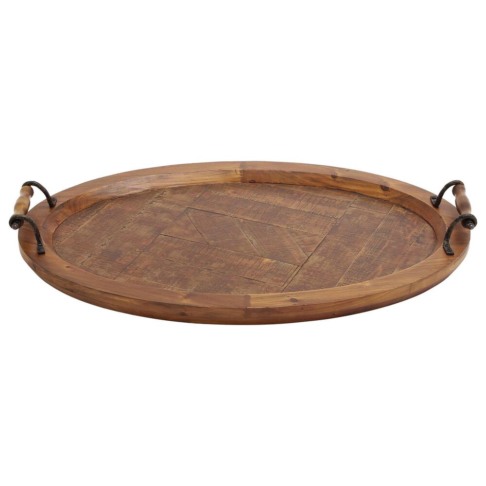 Maple and Jade Oval Tray with Scroll Metal Handles in Oiled Brown, , large