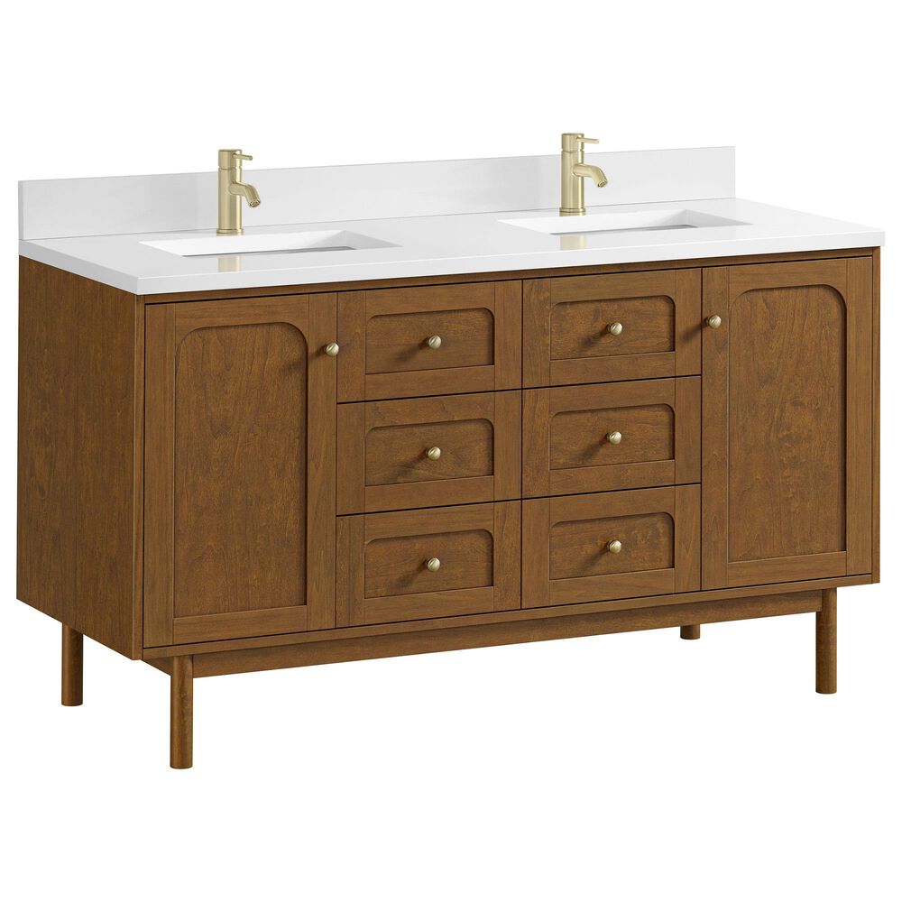 James Martin Laurent 60" Double Bathroom Vanity in Honey Oak with Single Hole 3 cm White Zeus Silestone Top and Rectangular Sinks, , large
