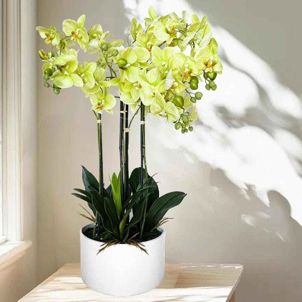 HOMLUX 29" Artificial Orchid Plant with 4 Stems Decorative and Ceramic Pot in Yellow, , large