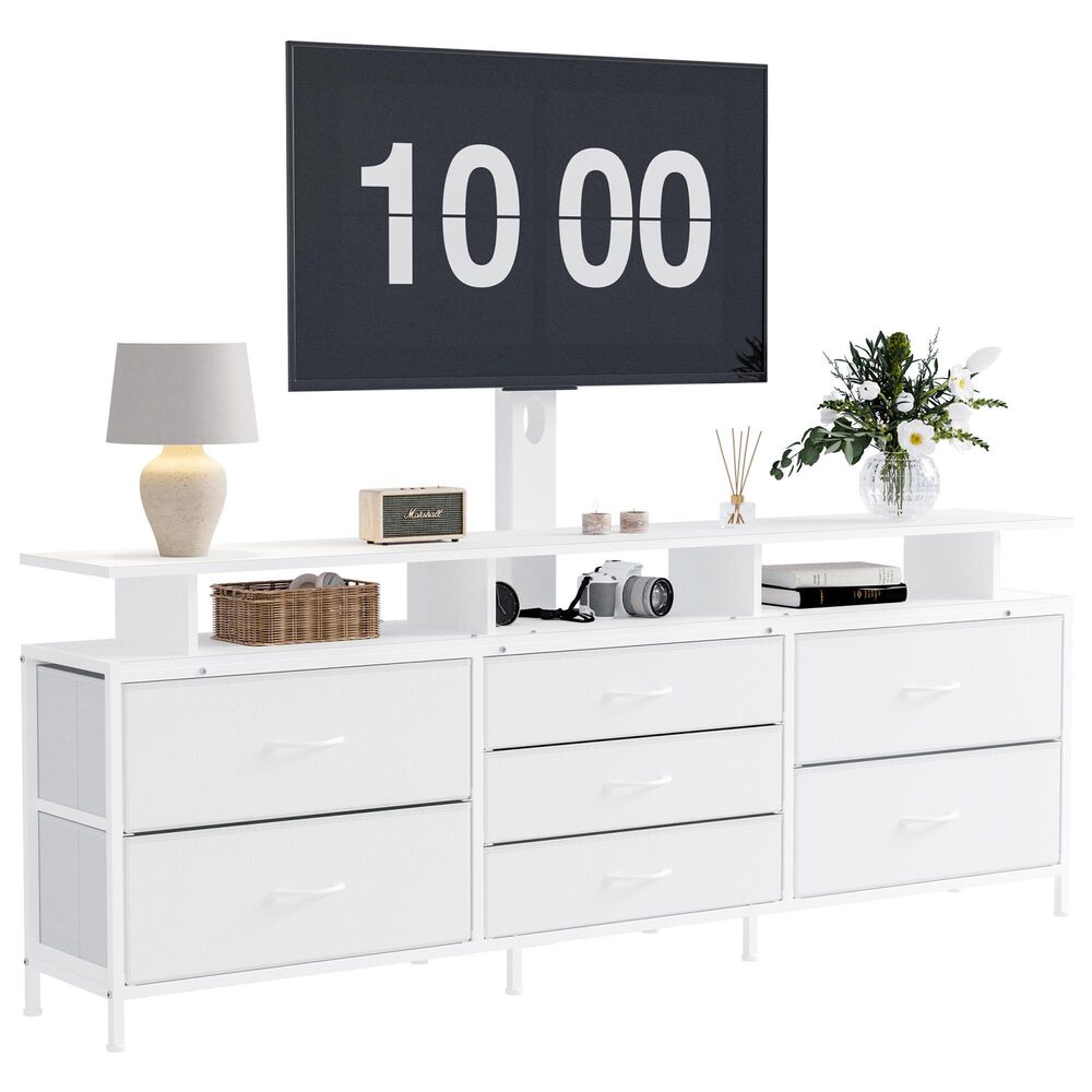 HOMLUX 63" 7-Drawer TV Stand with Adjustable TV Mount in Leather White, , large
