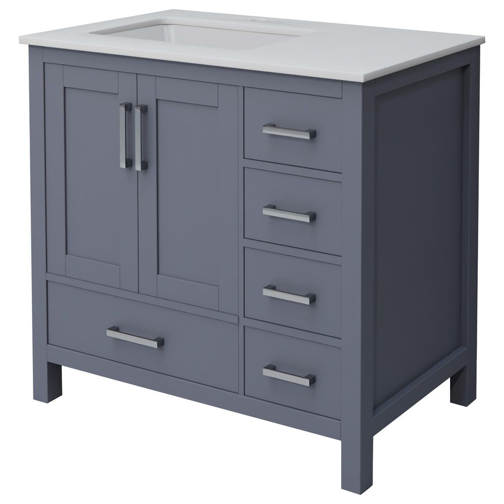 Lexora Home Jacques 36" Left Offset Single Bathroom Vanity in Dark Grey with 2 cm White Cultured Marble Top and Rectangular Sink, , large