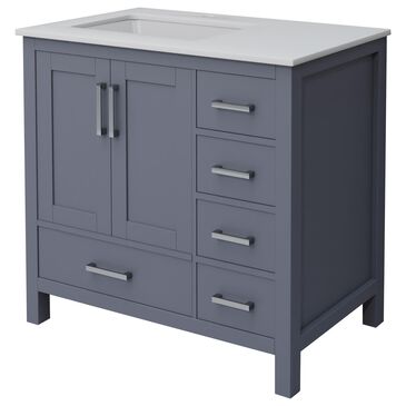 Lexora Home Jacques 36" Left Offset Single Bathroom Vanity in Dark Grey with 2 cm White Cultured Marble Top and Rectangular Sink, , large