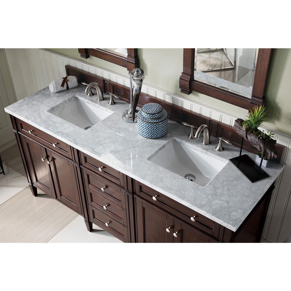 James Martin Vanities Brittany 72&quot; Double Bathroom Vanity in Burnished Mahogany with 3 cm Carrara White Marble Top and Rectangle Sinks, , large