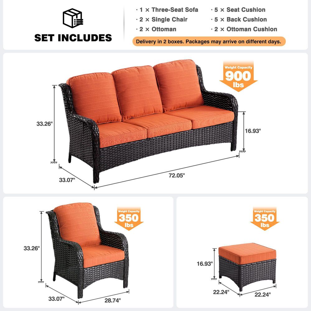 HOMLUX HOMLUX 5-Piece Patio Furniture Set with Chairs and Ottomans, High Back Outdoor Sofa Set, Brown Rattan in Orange Red, , large