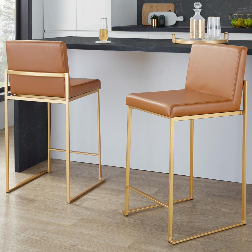 Lumisource Fuji High Back Counter Stool with Camel Faux Leather Cushion in Gold (Set of 2), , large