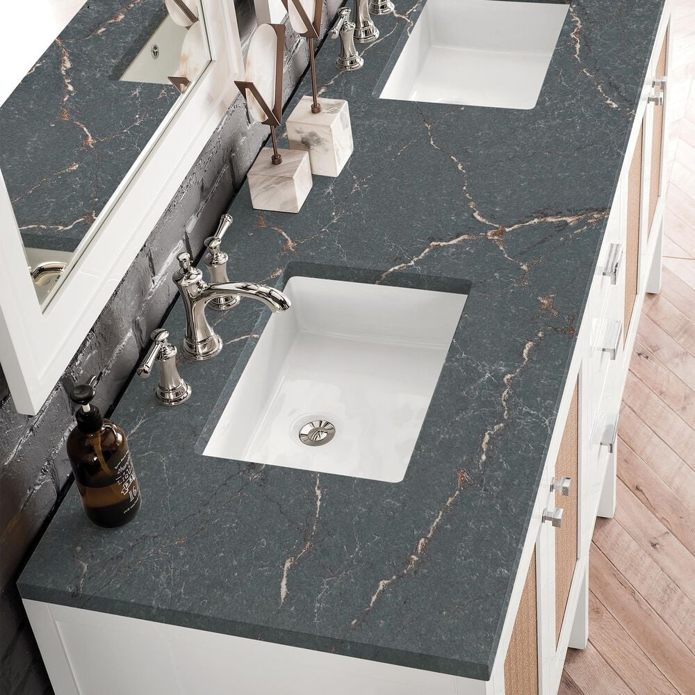 James Martin Vanities Addison 72&quot; Double Bathroom Vanity in Glossy White with 3 cm Parisien Bleu Quartz Top and Rectangular Sinks, , large