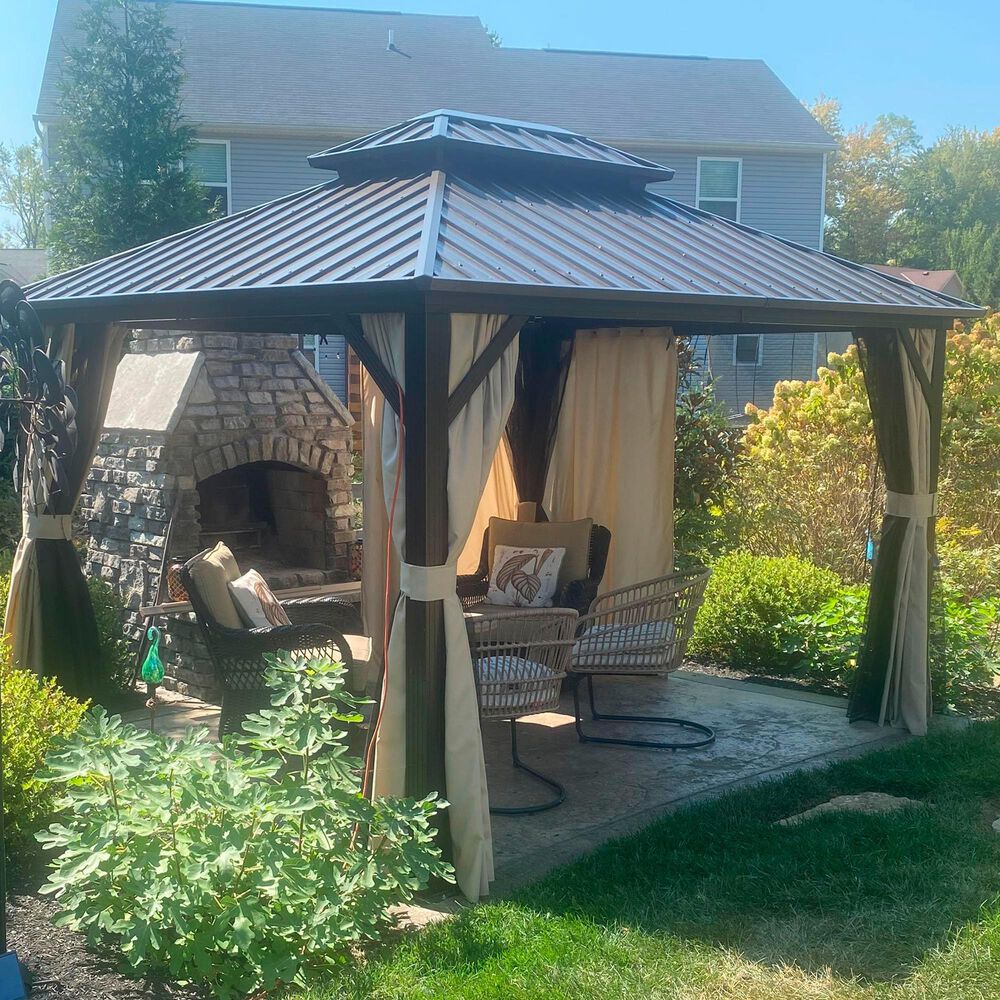 HOMLUX 10' x 12' Outdoor Hardtop Gazebo with Galvanized Steel Double Roof in Brown, , large
