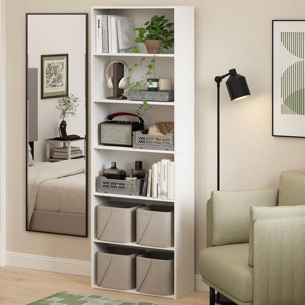 HOMLUX 6-Tier Free Standing Open Storage Bookcase in White, , large