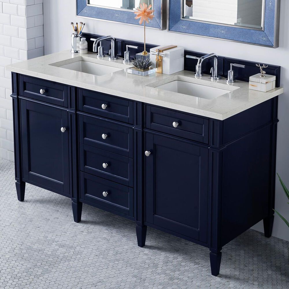 James Martin Vanities Brittany 60&quot; Double Bathroom Vanity in Victory Blue with 3 cm Eternal Jasmine Pearl Quartz Top, , large