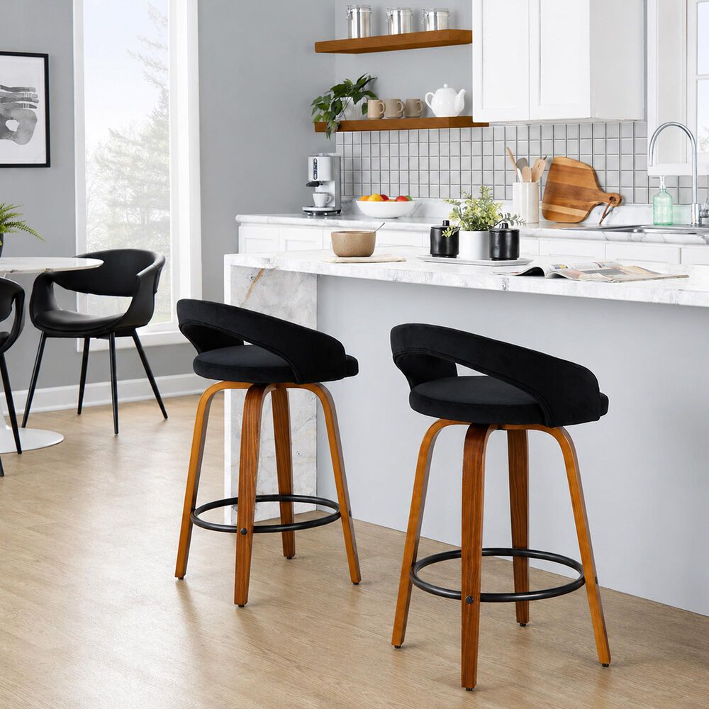 LumiSource Grotto Swivel Counter Stool with Black Velvet Upholstery in Walnut Wood and Black (Set of 2), , large