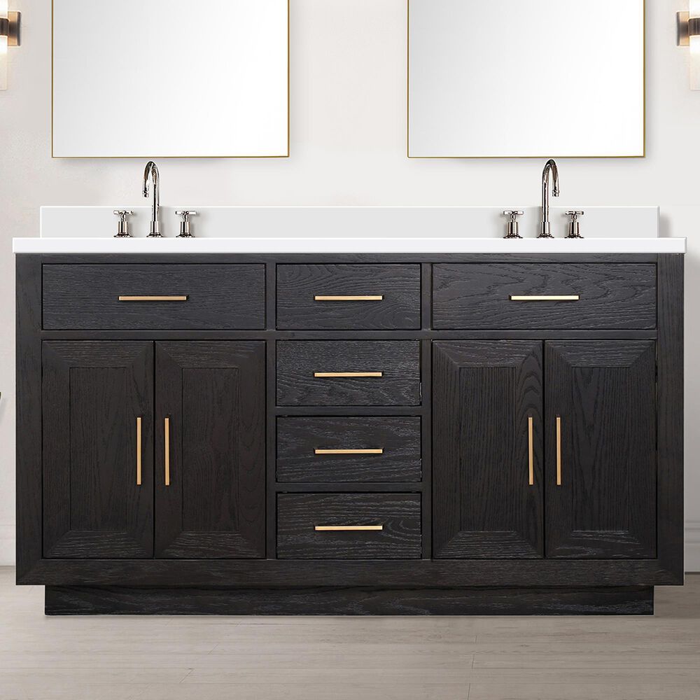 Lexora Home Abbey 60&quot; Double Bathroom Vanity in Black Oak with 2 cm White Quartz Top and Rectangular Sinks, , large