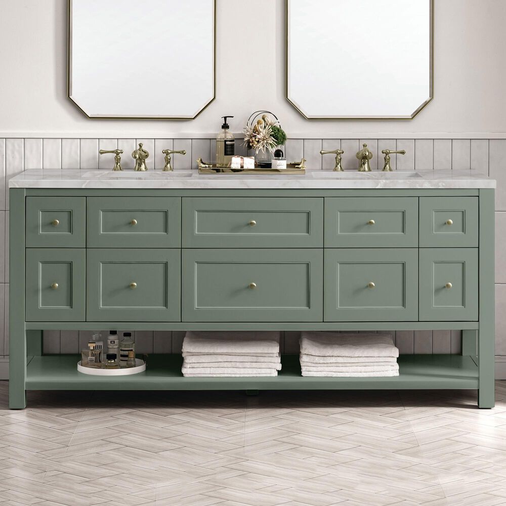 James Martin Vanities Breckenridge 72&quot; Double Bathroom Vanity in Smokey Celadon with 3 cm Victorian Silver Quartz Top and Rectangular Sinks, , large