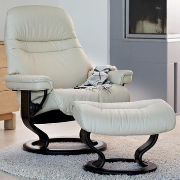Stressless Medium Chair and Ottoman with Black Classic Base in Paloma Light Grey, , large