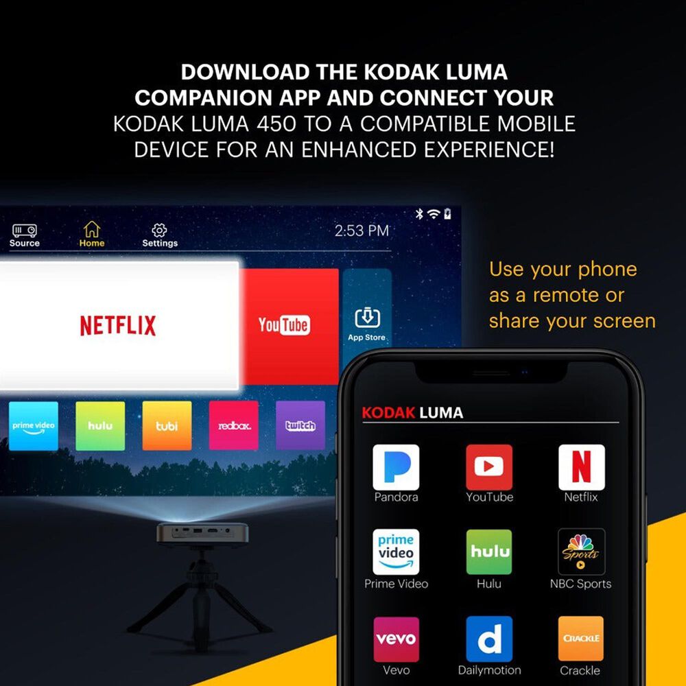 Kodak Luma 450 Smart Projector, 1080p Portable Projector with Wifi and Bluetooth, Tripod Included, , large