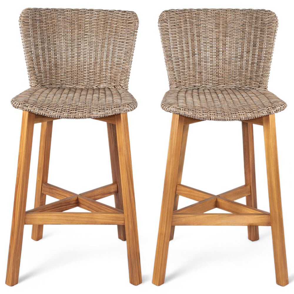 Hearth and Haven Lymington Outdoor Wicker Barstool with Teak Frame in Light Brown (Set of 2), , large