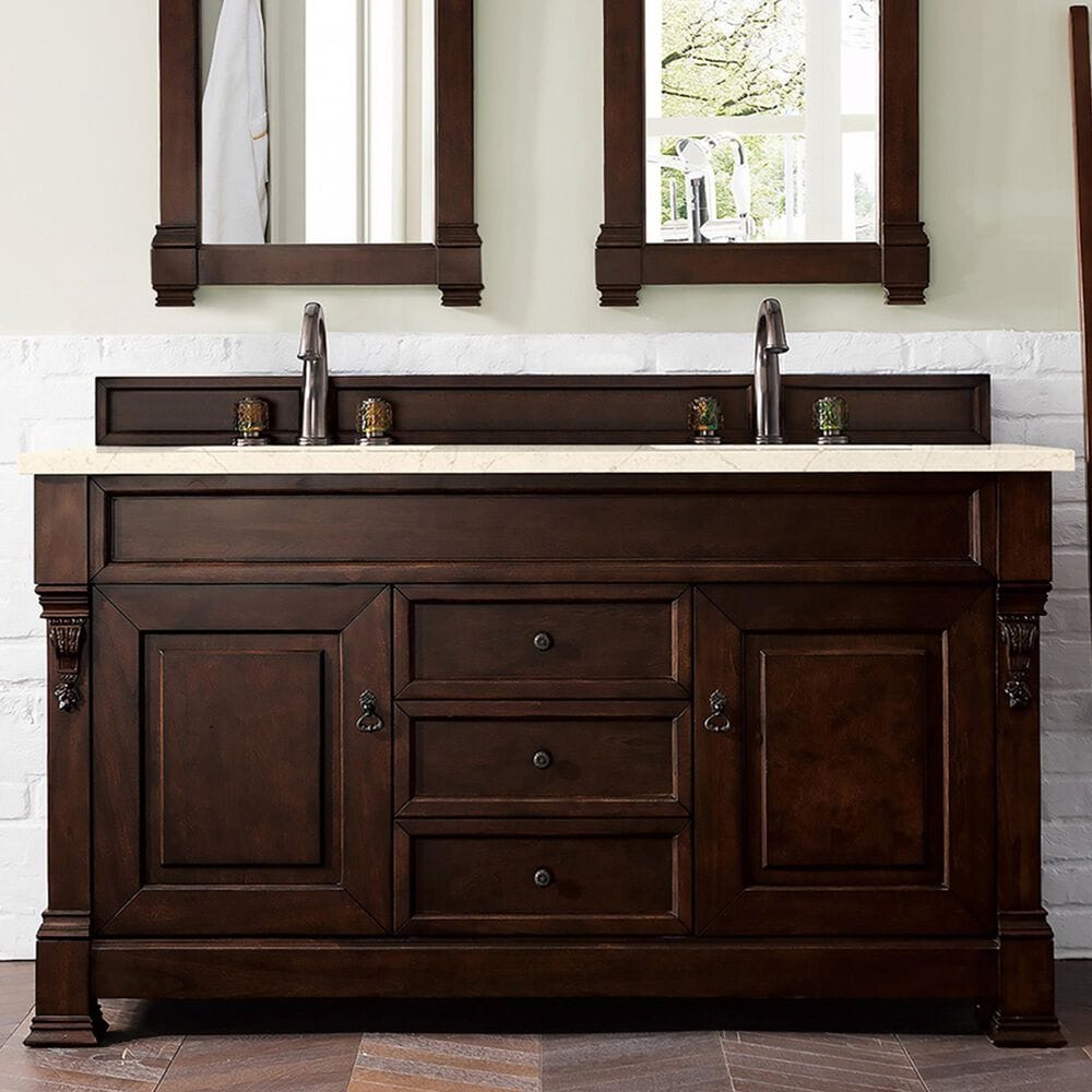 James Martin Vanities Brookfield 60&quot; Double Bathroom Vanity in Burnished Mahogany with 3 cm Eternal Marfil Quartz Top and Rectangle Sinks, , large