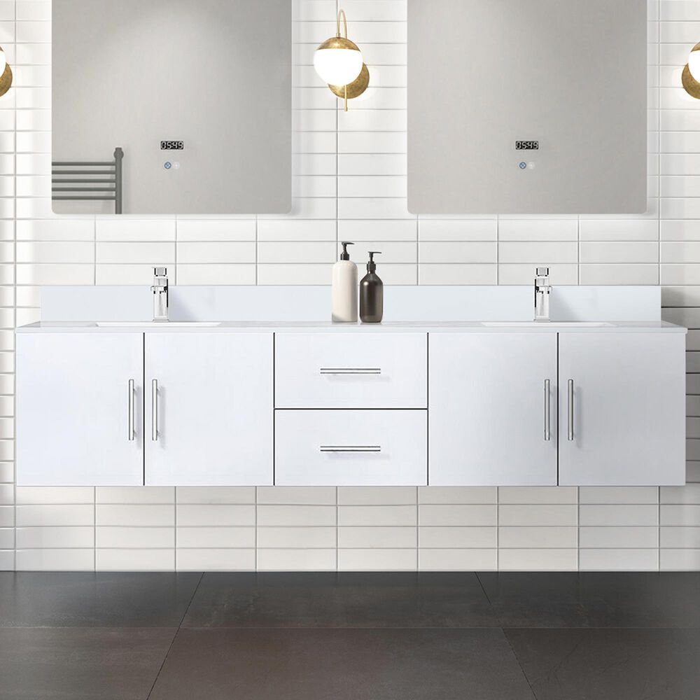Lexora Home Geneva 80&quot; Double Bathroom Vanity in Glossy White with 2 cm White Cultured Marble Top and Rectangular Sinks, , large
