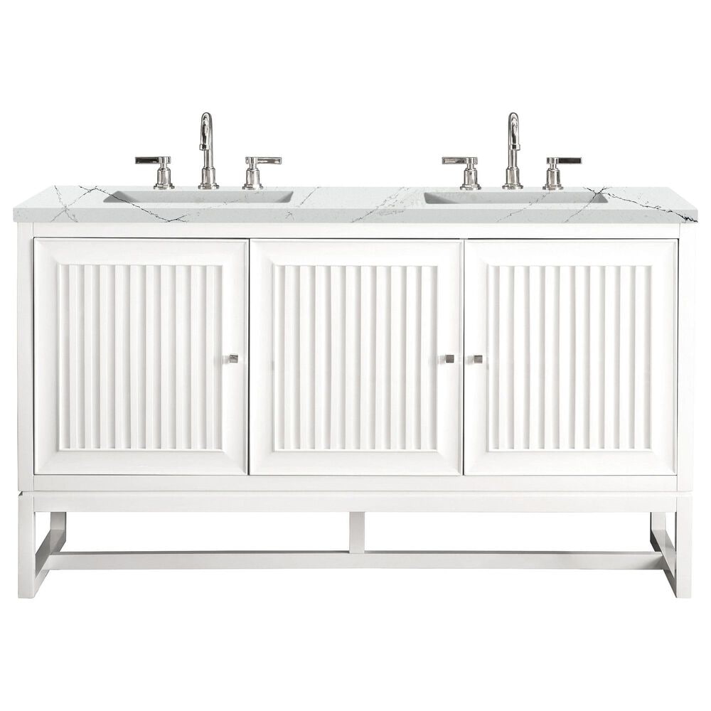 James Martin Vanities Athens 60" Double Bathroom Vanity in Glossy White with 3 cm Ethereal Noctis Quartz Top and Rectangular Sinks, , large