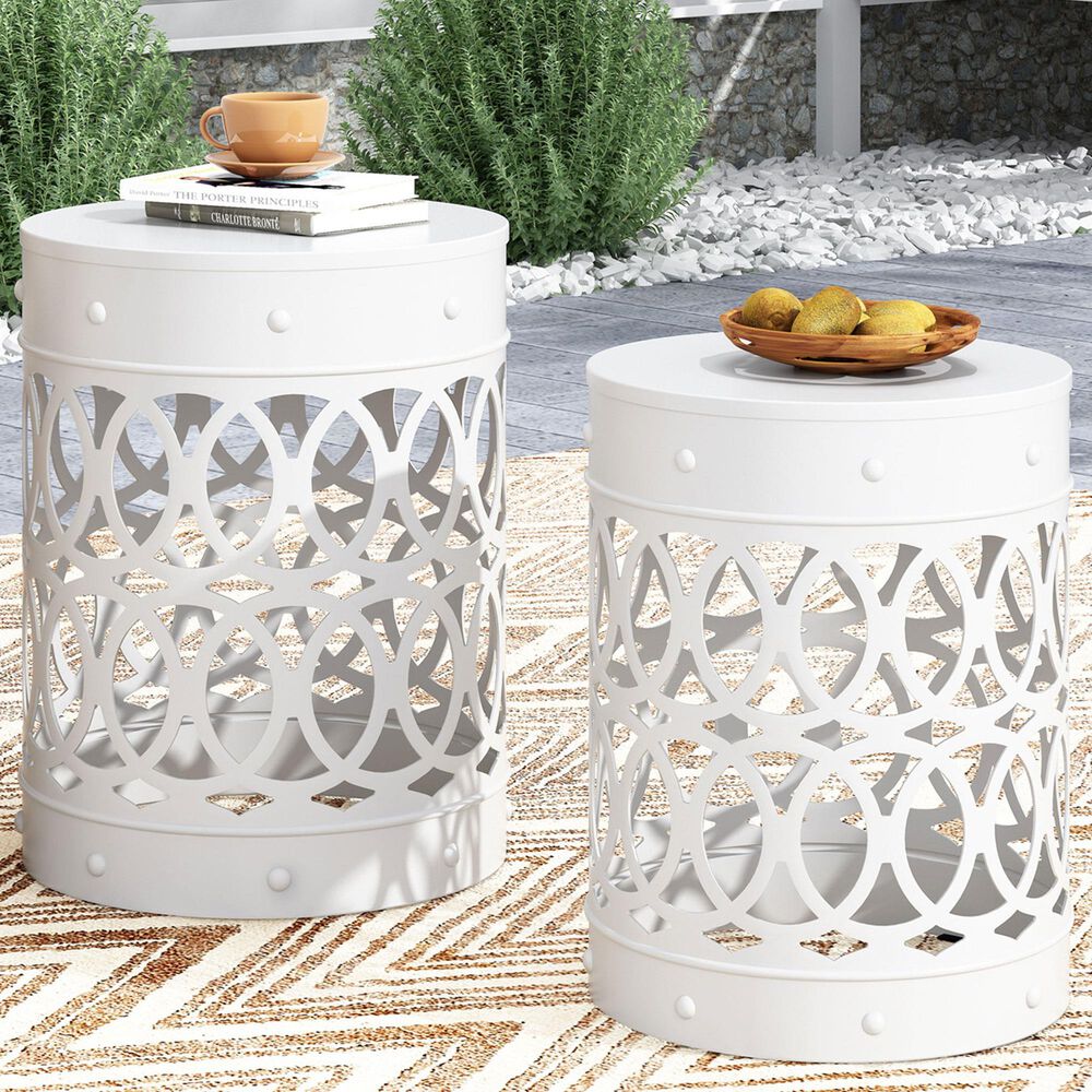 Hearth and Haven Cylindrical-Shaped Iron Patio End Table in White &#40;Set of 2&#41;, , large
