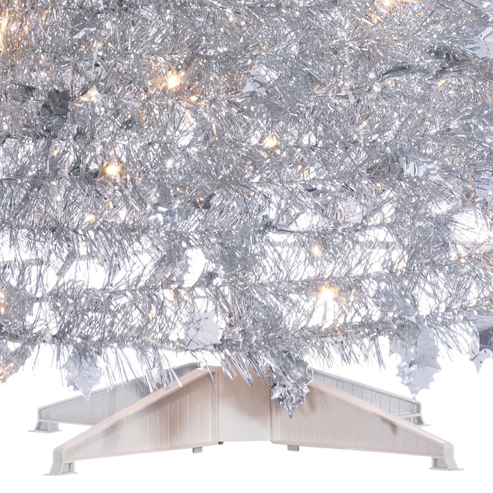 The Gerson Company 4&#39; Pop-Up LED Silver Tinsel Tree with Holly Leaves in Silver, , large