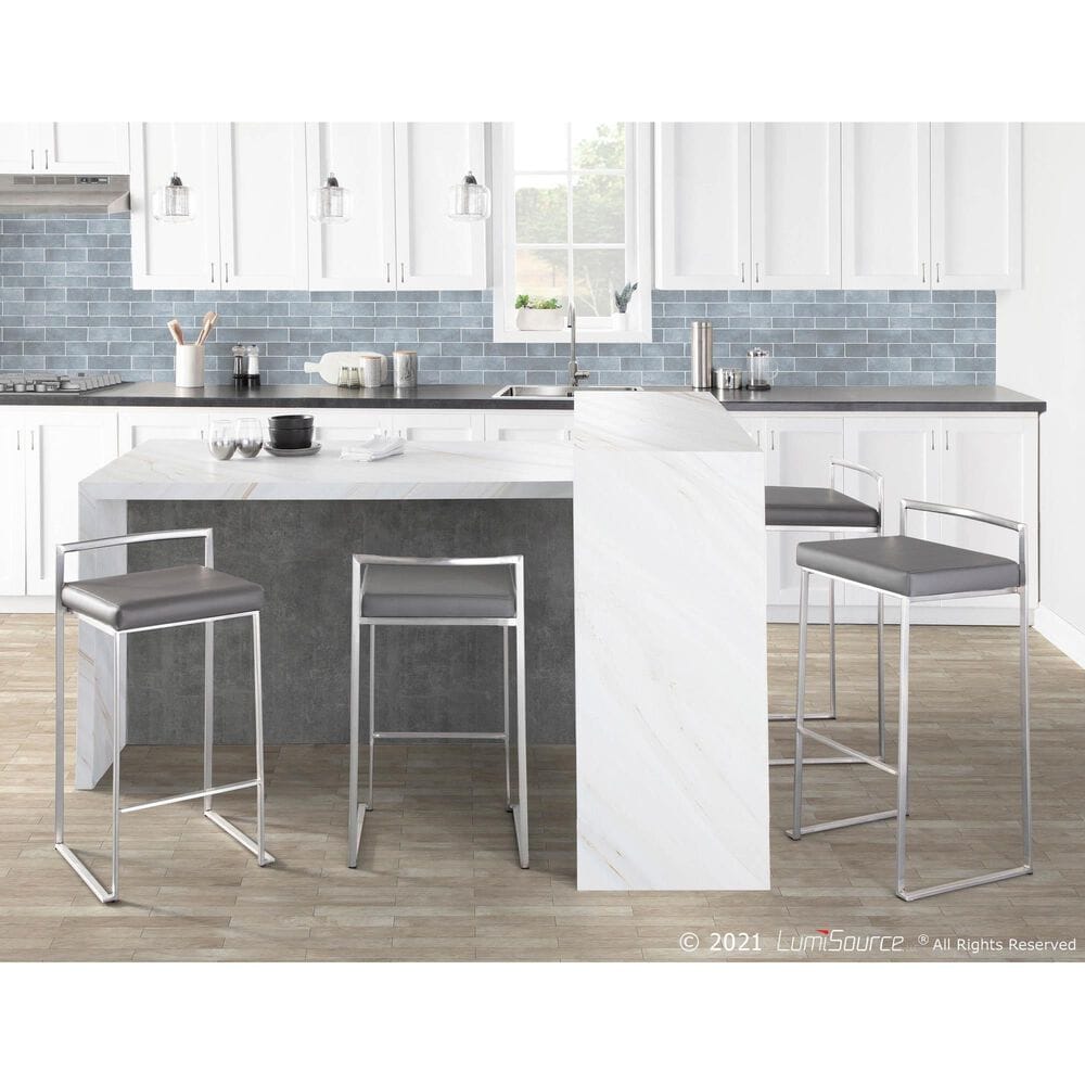 Lumisource Fuji Stackable Barstool with Grey Faux Leather Cushion in Stainless Steel (Set of 2), , large
