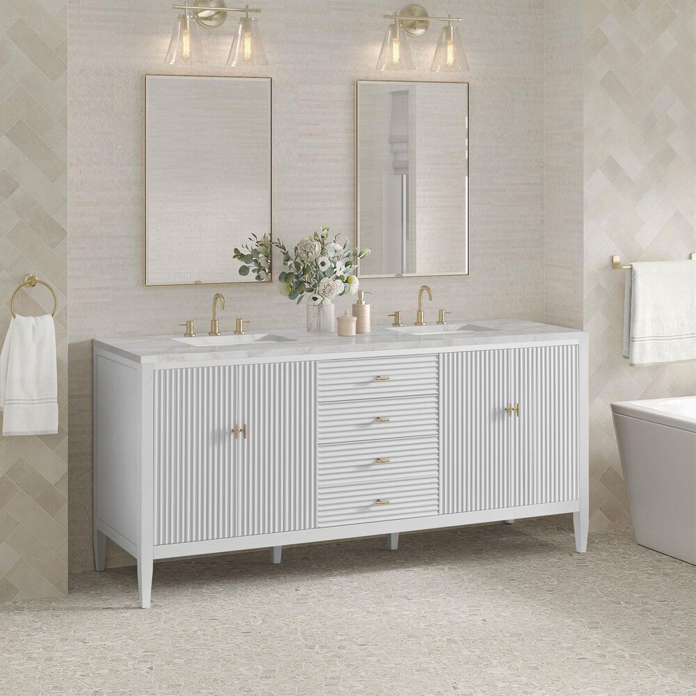 James Martin Vanities Myrrin 72" Double Bathroom Vanity in Bright White with 3 cm Eternal Jasmine Pearl Silestone Top, Rectangular Sinks and FreePower Wireless Charger, , large