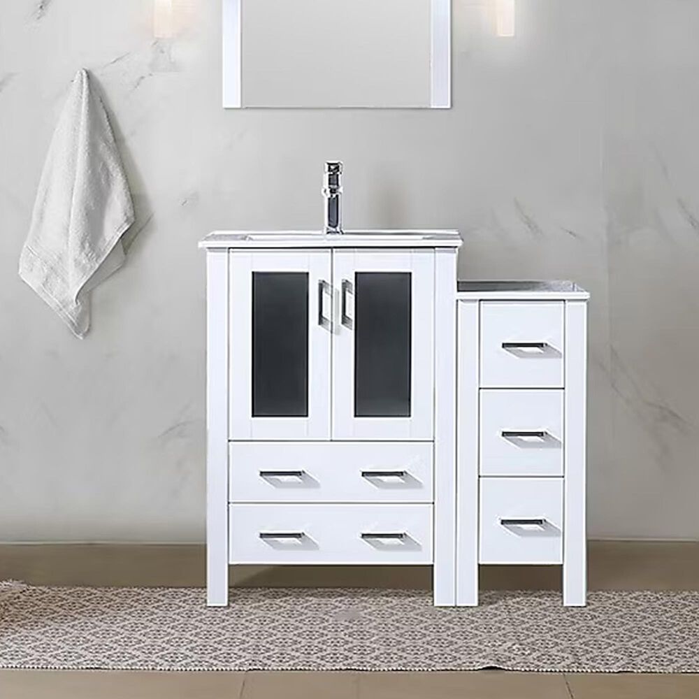 Lexora Home Volez 36&quot; Single Bathroom Vanity in White with White Ceramic Top and Rectangular Sink, , large
