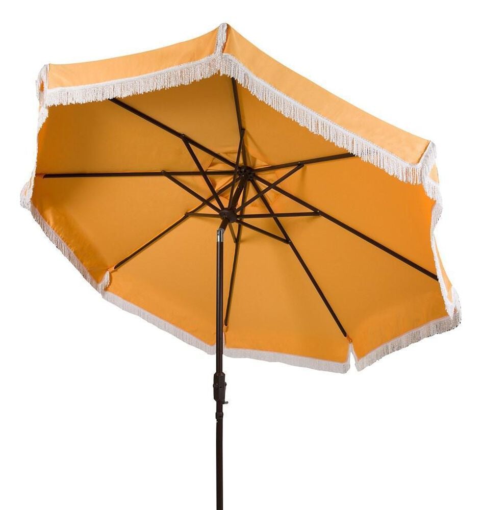 Safavieh Milan Fringe 9Ft Crank Yellow and White Outdoor Push Button Tilt Umbrella, , large