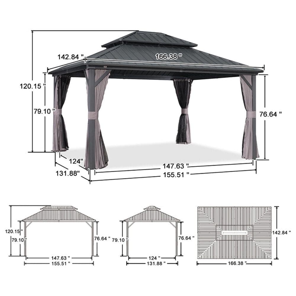 HOMLUX 12' x 14' Outdoor Hardtop Gazebo with Galvanized Steel Roof, Netting, and Curtains, Gray, , large