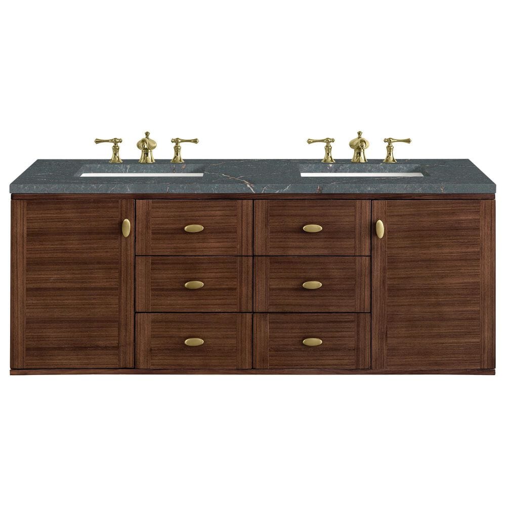 James Martin Vanities Amberly 60&quot; Double Bathroom Vanity in Mid-Century Walnut with 3 cm Parisien Bleu Quartz Top and Rectangular Sinks, , large