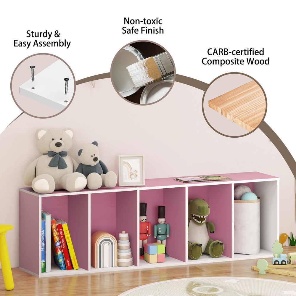 HOMLUX 5-Tier Reversible Bookshelf with Decorative Open Shelves in White and Pink, , large