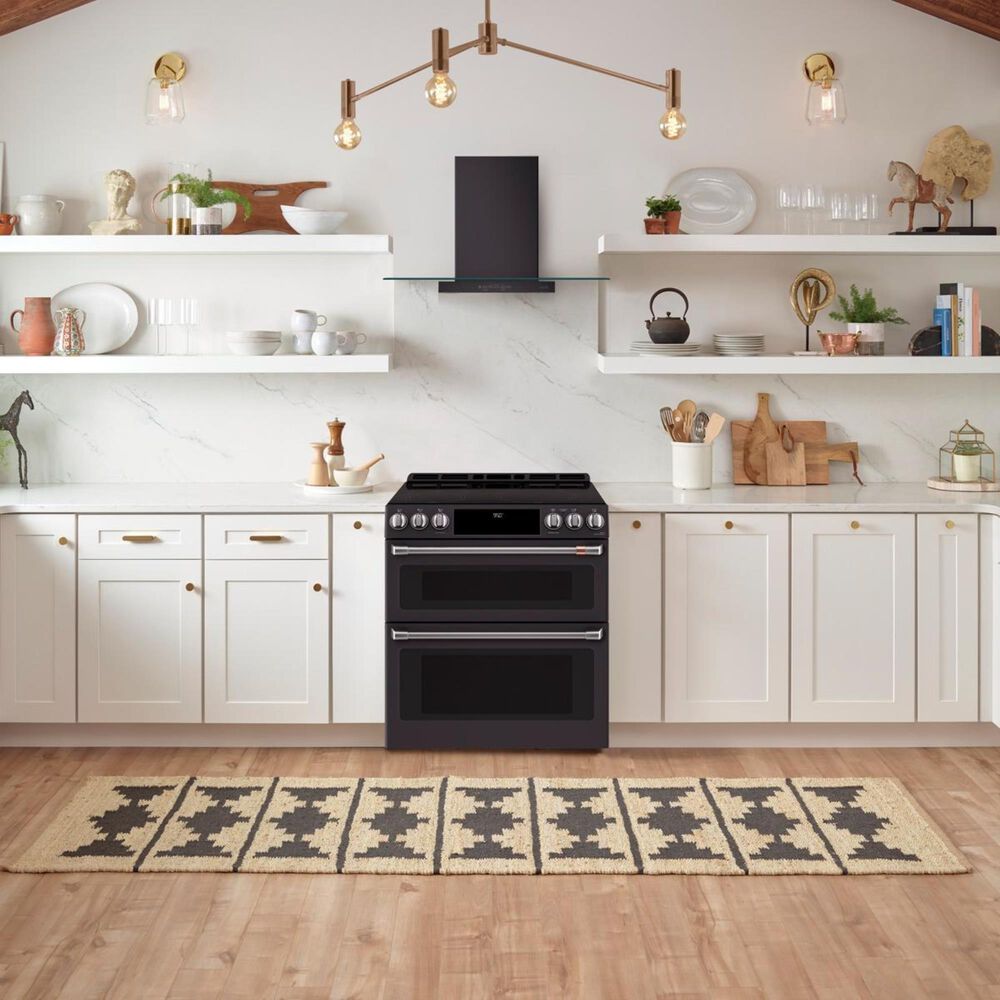 Cafe 30&quot; Slide-In Front Control Induction and Convection Double Oven Range in Matte Black With Brushed Stainless Handles and Control Knobs, , large