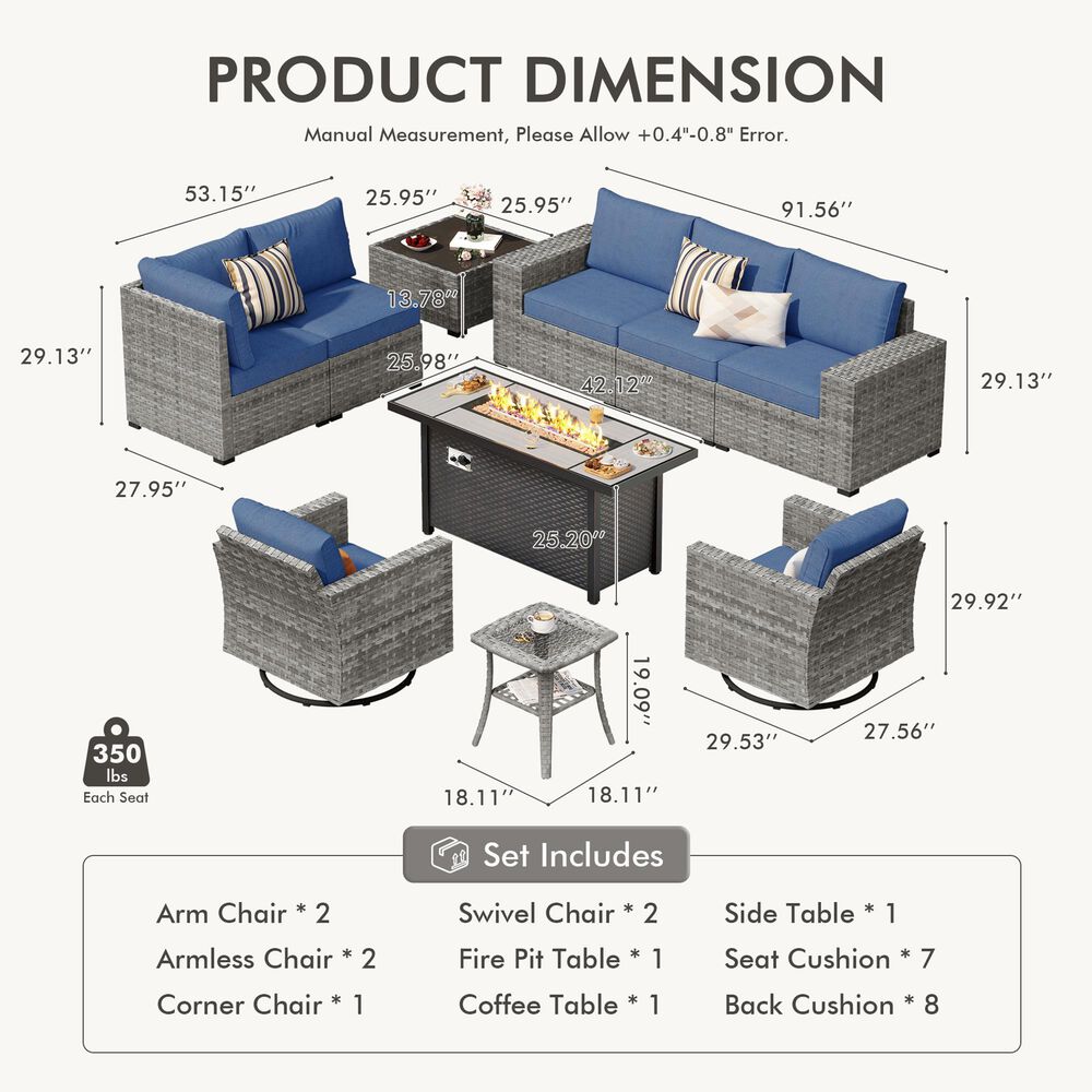 HOMLUX 10-Piece Outdoor Patio Wicker Sectional Furniture Set in Denim Blue, , large