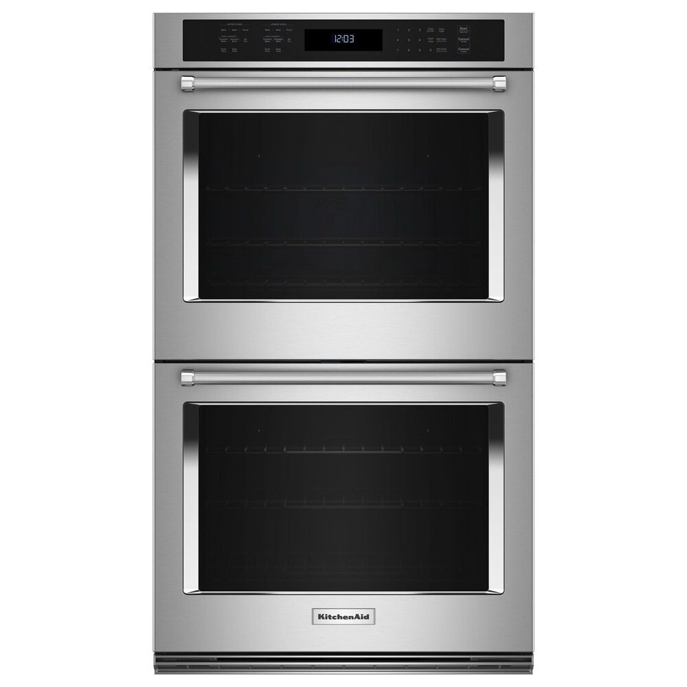 Kitchenaid 2-Piece Kitchen Package with PrintShield Stainless Steel 30&quot; Double Wall Oven and Black 30&quot; Electric Cooktop, , large