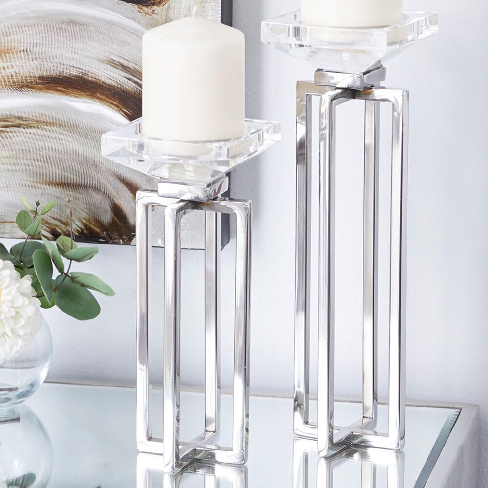 Maple and Jade 13&quot; Glam Candle Holder with Rectangular Frame in Silver &#40;Set of 2&#41;, , large