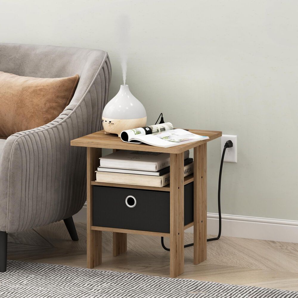 HOMLUX USB and Type-C Port Charging Station End Table with Black Storage Bin in Flagstaff Oak, , large
