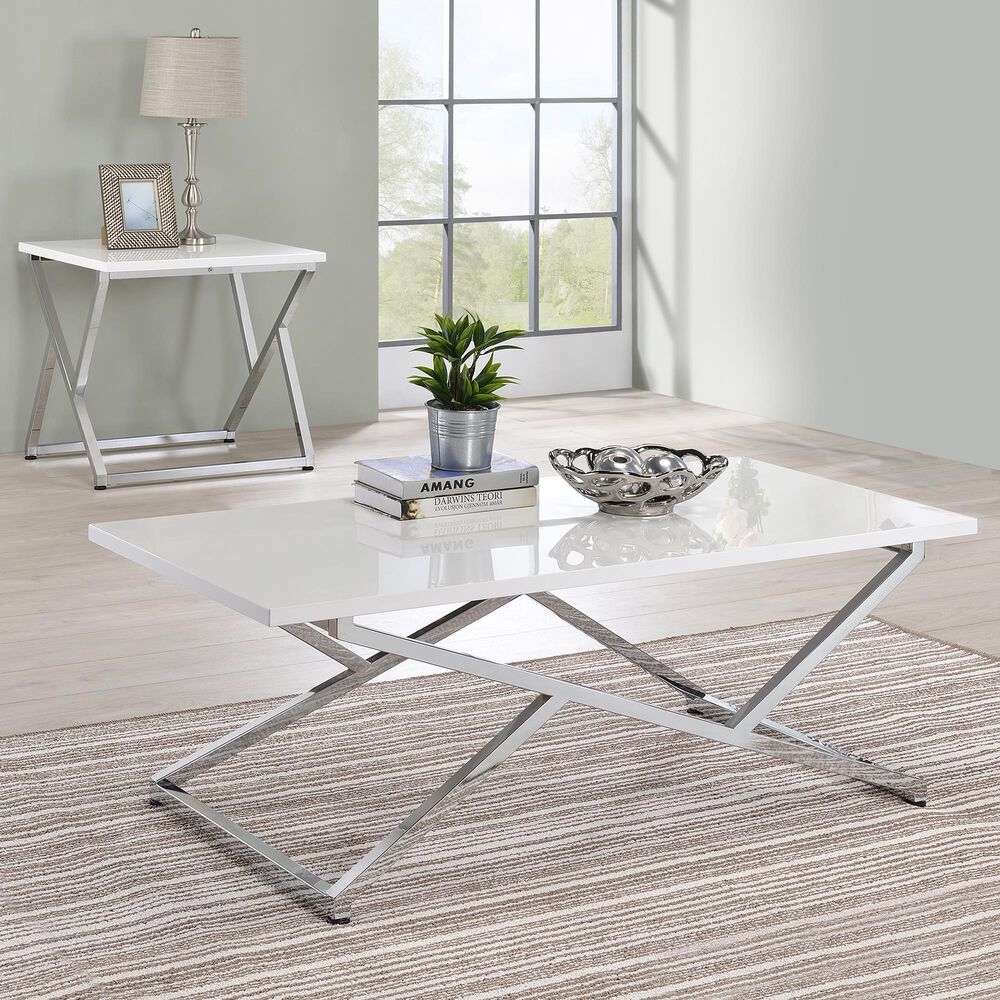 Furniture of America Moser Coffee Table Set in Glossy White and Chrome &#40;Set of 2&#41;, , large