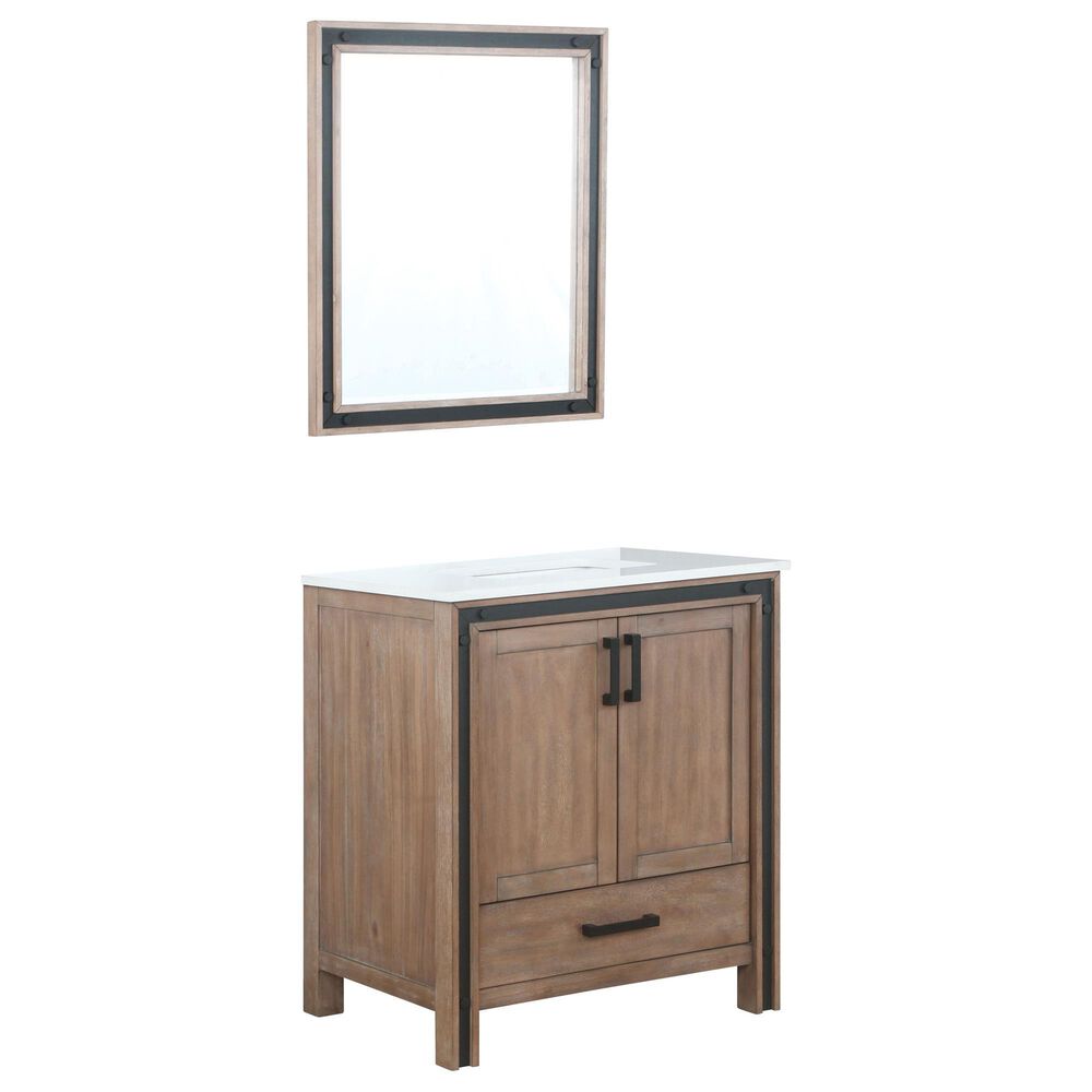 Lexora Home Ziva 30" Single Bathroom Vanity in Rustic Barnwood with White Cultured Marble, Rectangle Sink and Mirror, , large