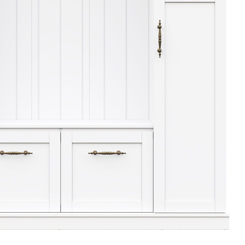 HOMLUX 5-Hook Hall Tree with 4 Side Cabinets and Storage Bench in White, , large