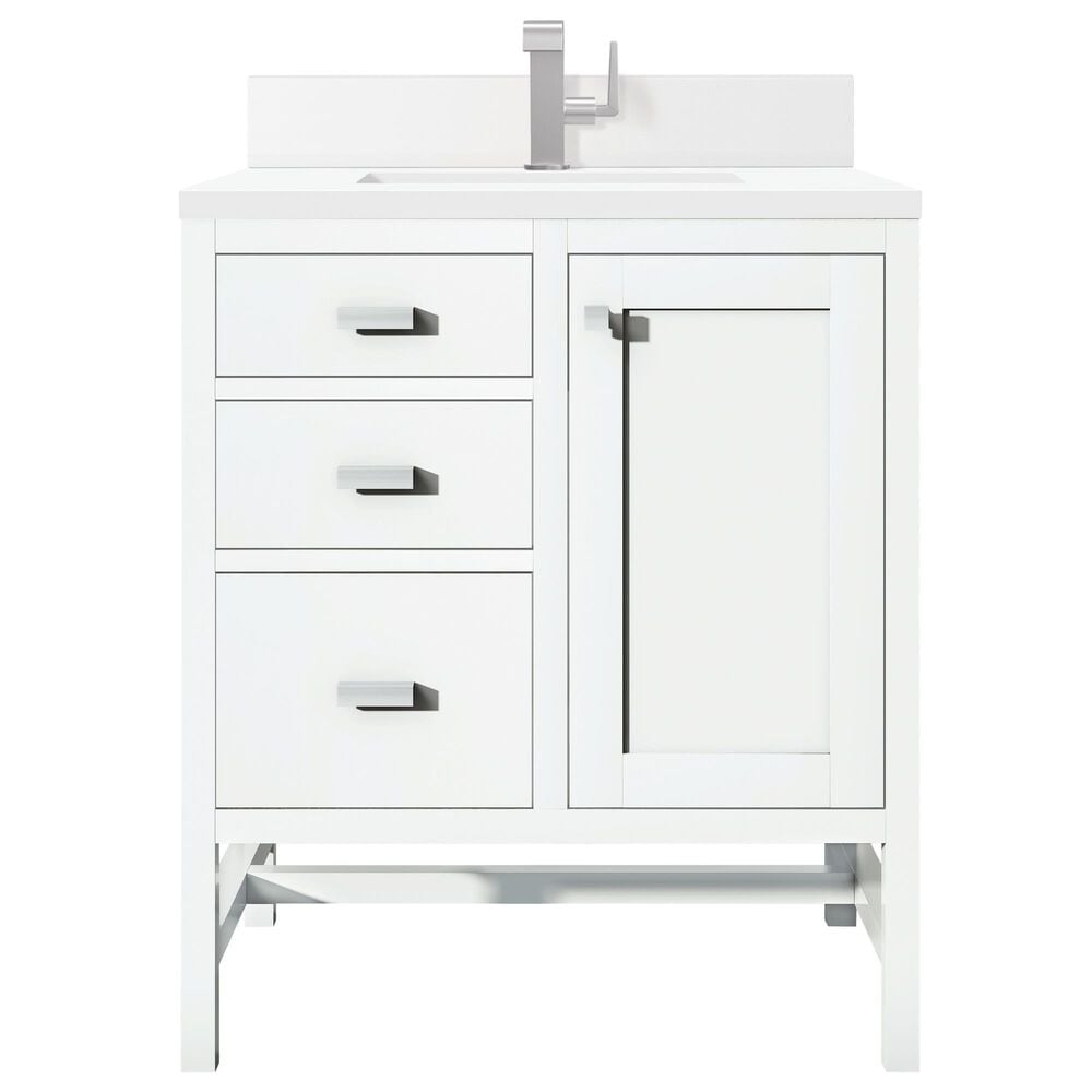 James Martin Vanities Addison 30" Single Bathroom Vanity in Glossy White with Single Hole 3 cm White Zeus Quartz Top and Rectangular Sink, , large
