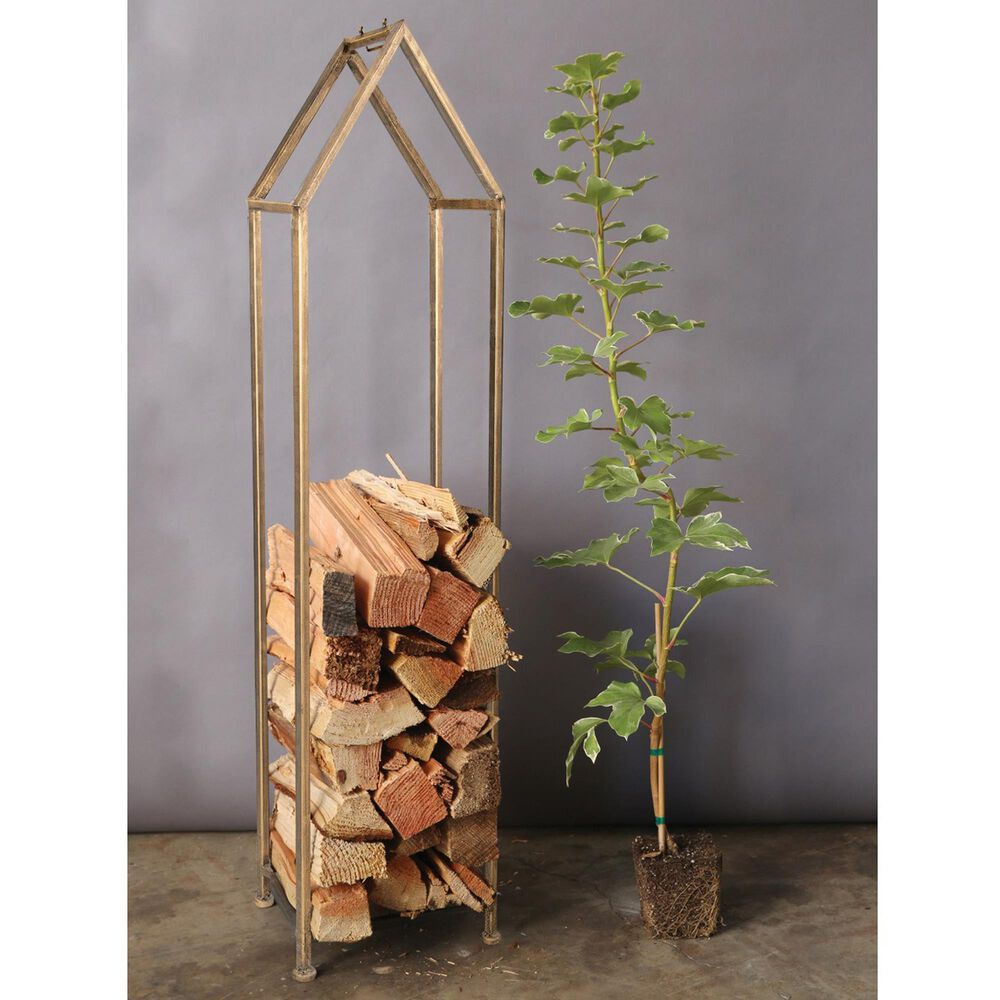 Creative Coop Metal House Shaped Fire Wood Holder with Handle in Gold, , large