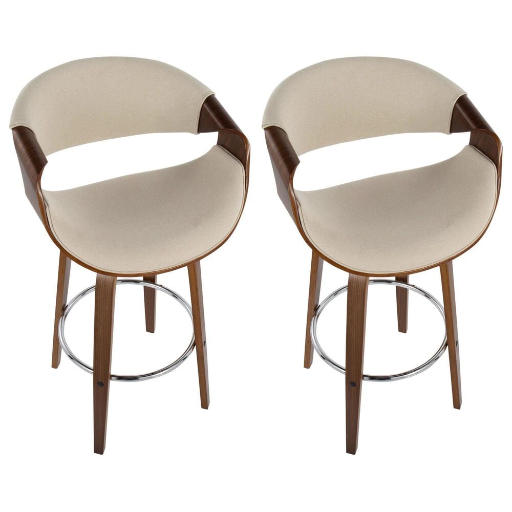 LumiSource Curvini 30" Swivel Barstool with Cream Upholstery in Walnut and Chrome (Set of 2), , large